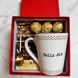 box ejecutivo corporativo con taza feliz dia y chocolates